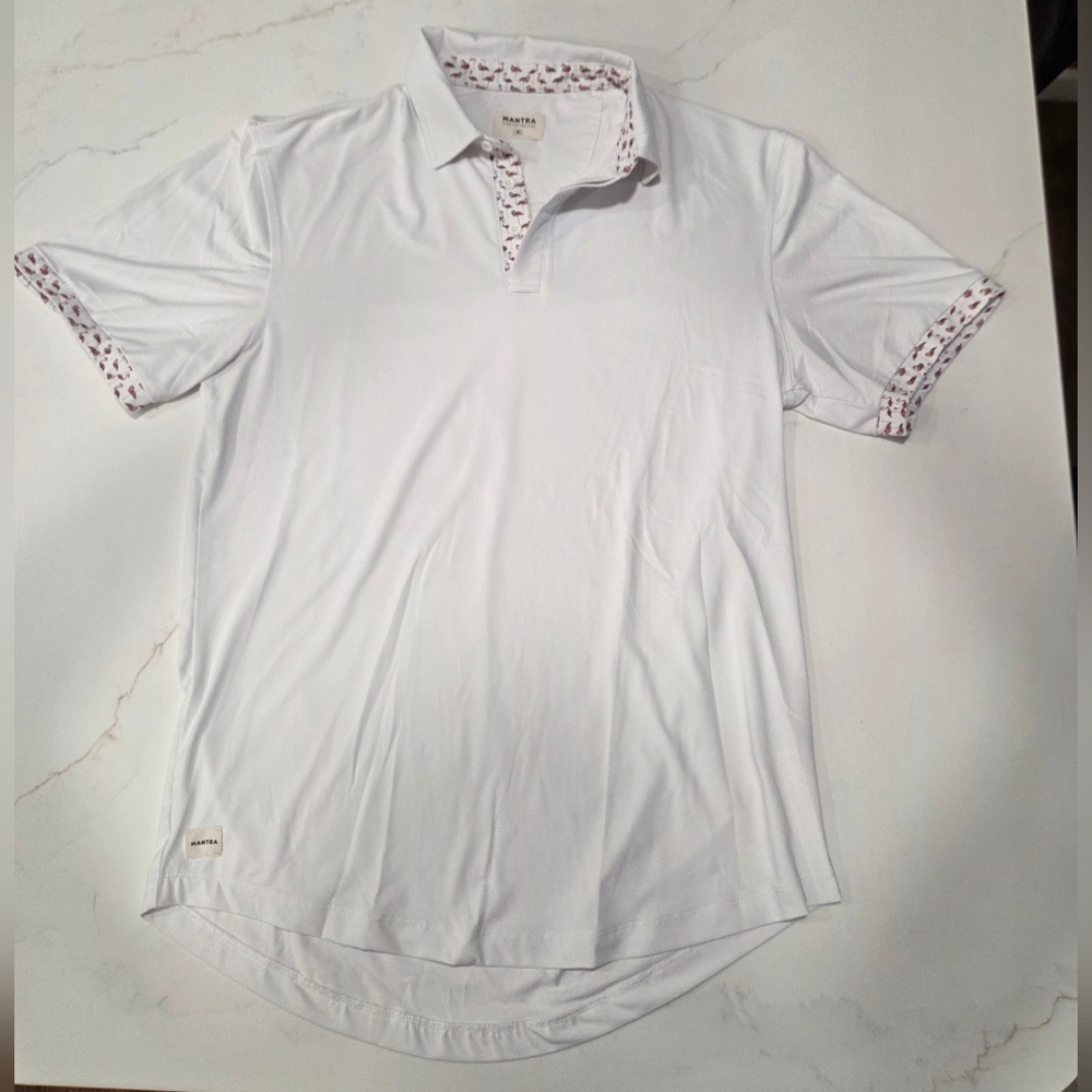 Men's White Polo with Flamingo Patterned Collar and Cuff Trim